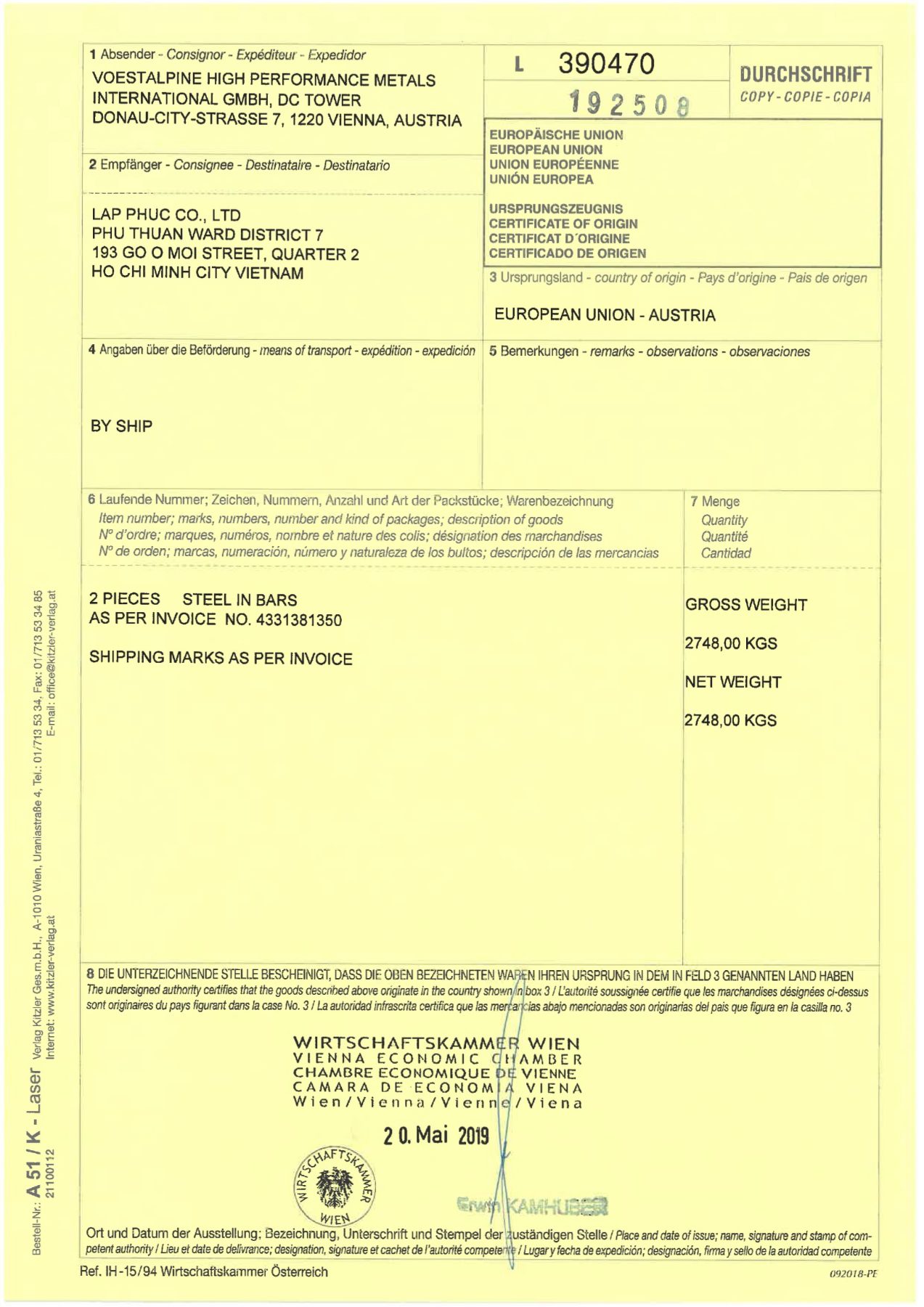 Böhler certificate of origin