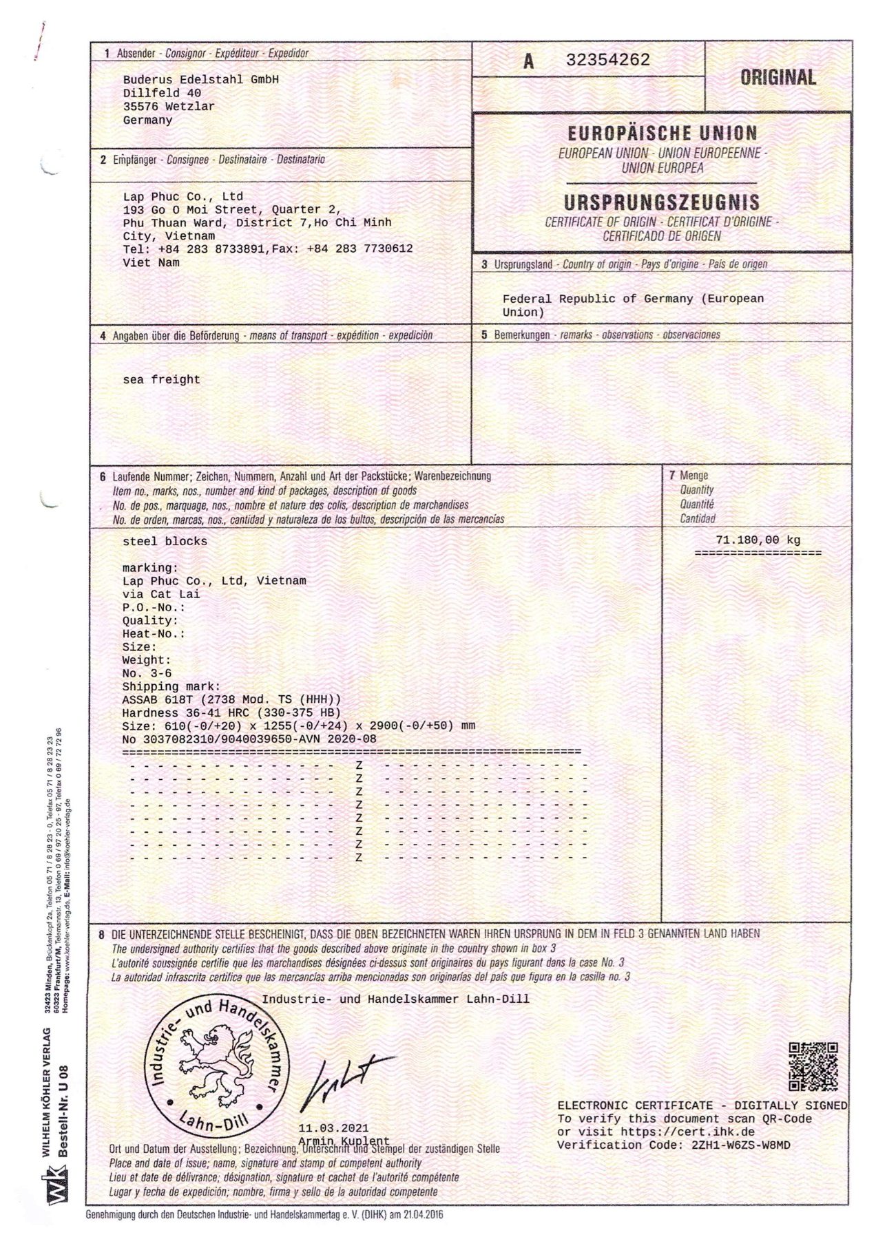 Buderus certificate of origin