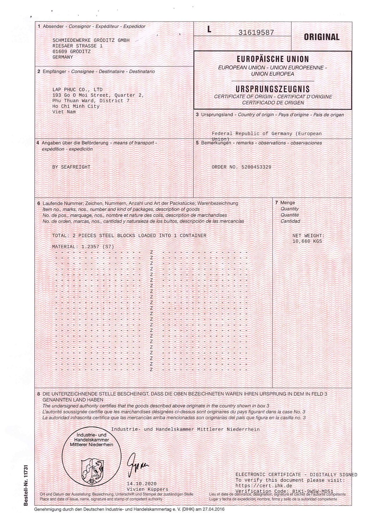 Gröditz certificate of origin
