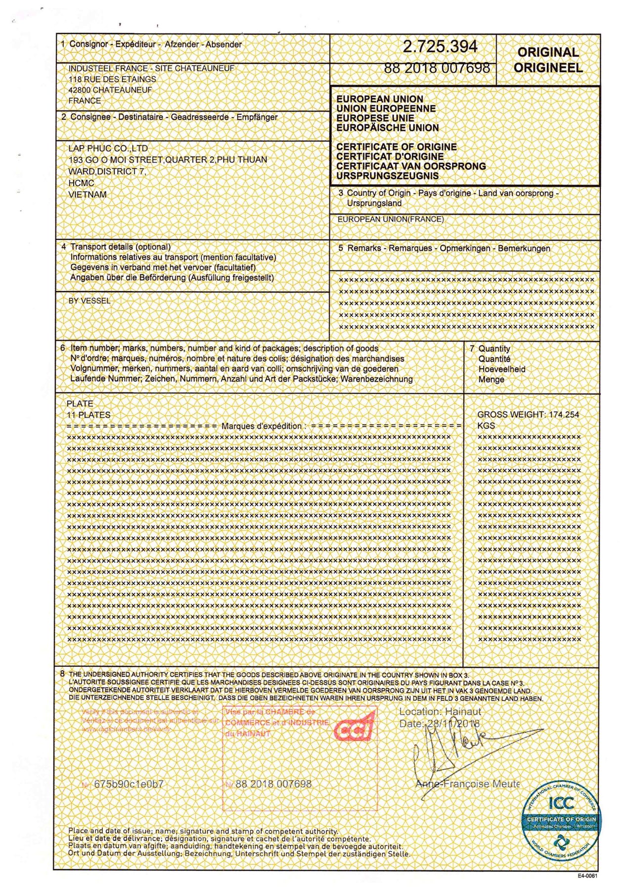 Industeel certificate of origin